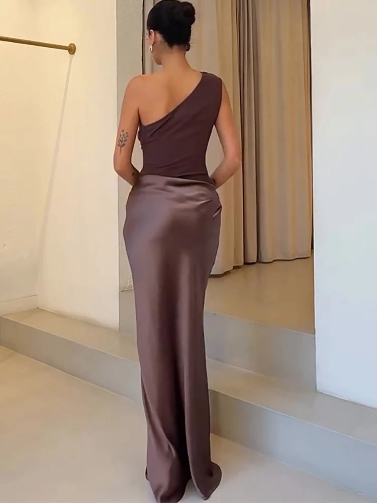 JULISSA MO Brown Satin One Shoulder Maxi Dress