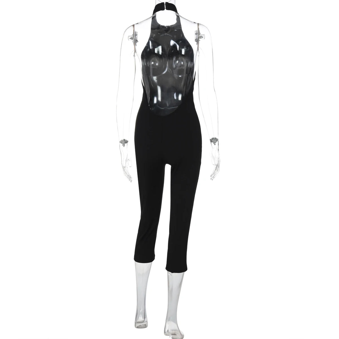 Elegant Ribbed Knit Halter Neck Bodycon Jumpsuit