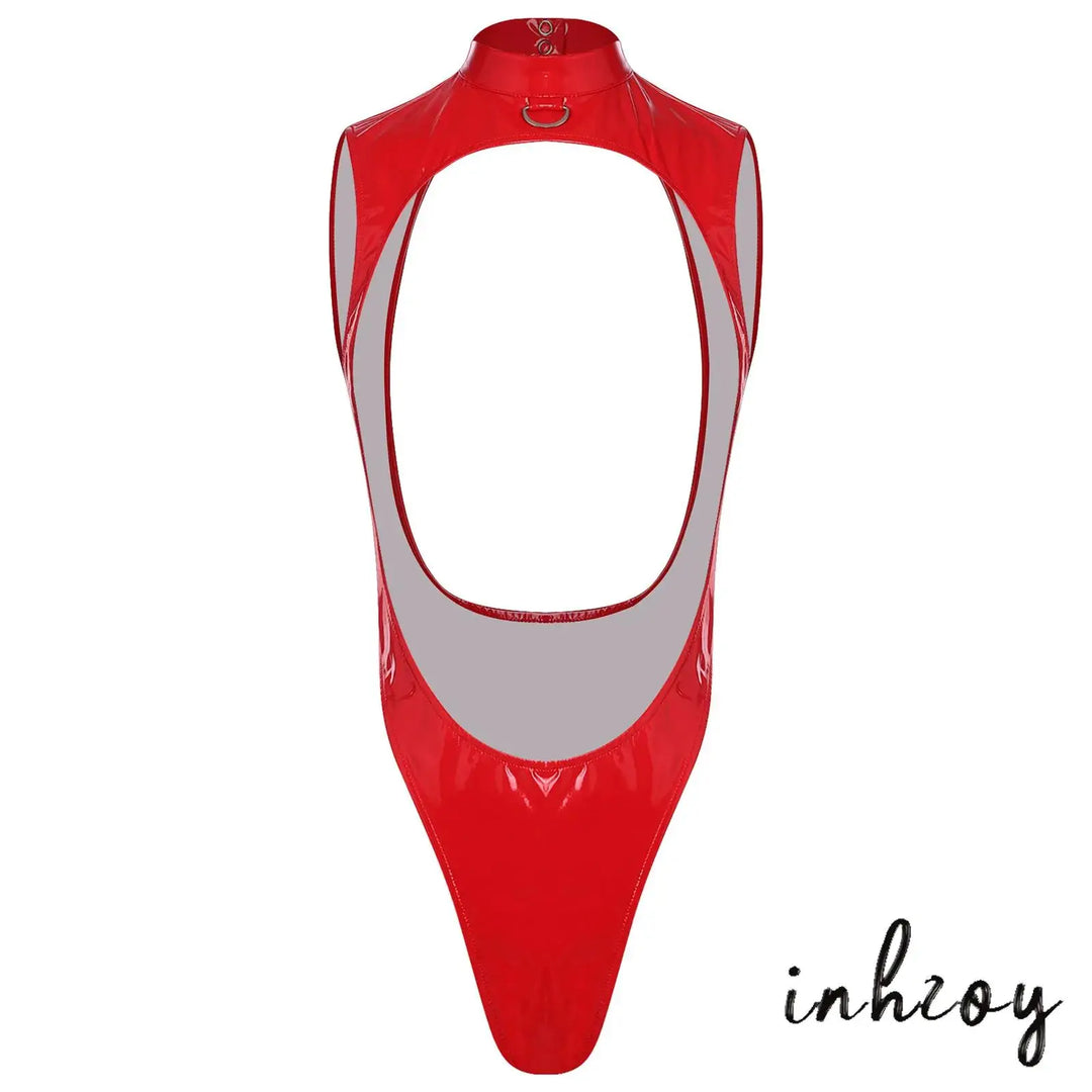 Glossy Pu Leather Bodysuit With D Ring
