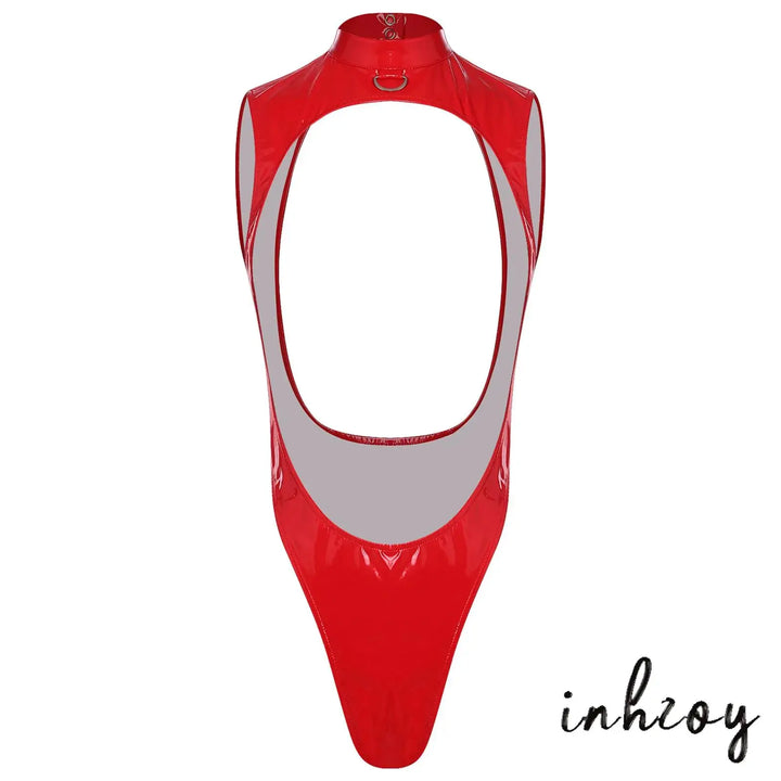 Glossy Pu Leather Bodysuit With D Ring