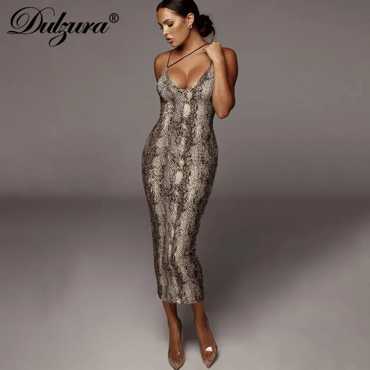 Dulzura Leopard Bodycon Midi Dress Party Club