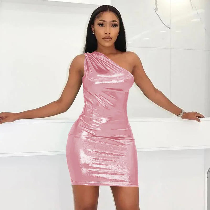 Sexy One Shoulder Metallic Bodycon Mini Dress