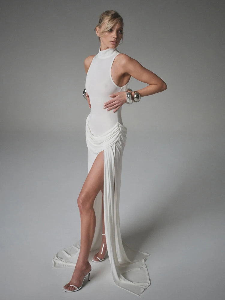 Elegant Turtleneck Off-Shoulder Maxi Dress With Thigh Split