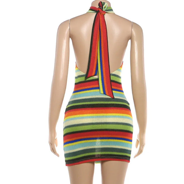 Luxurious Knit Stretch Stripe Halter Dress