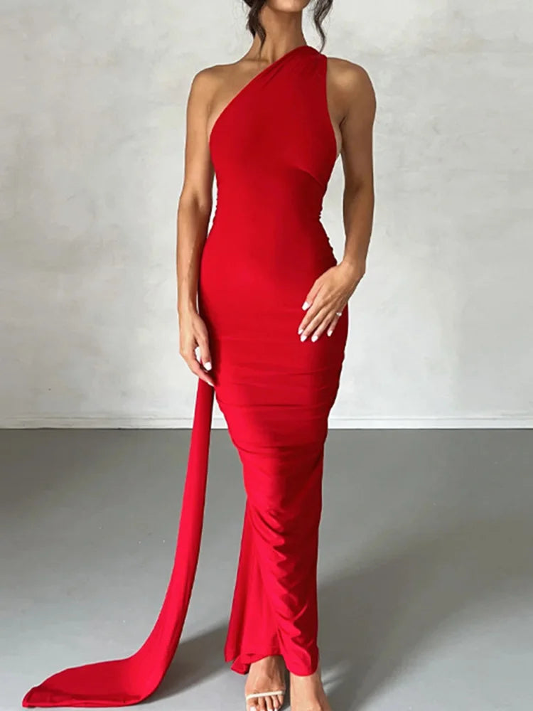 Neon Y2K One Shoulder Backless Ruched Maxi Dress