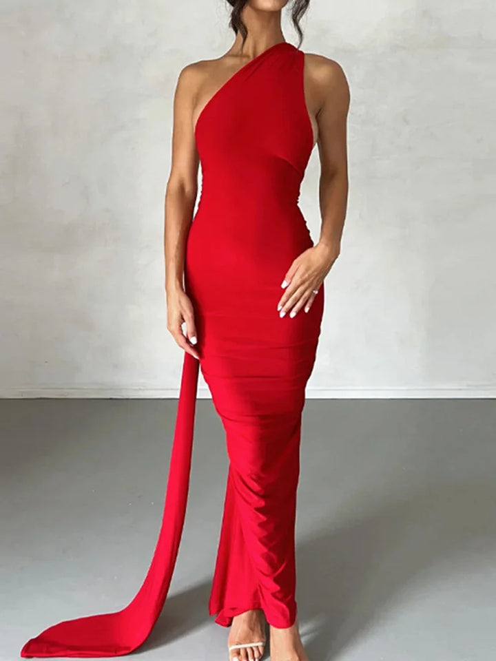 Neon Y2K One Shoulder Backless Ruched Maxi Dress