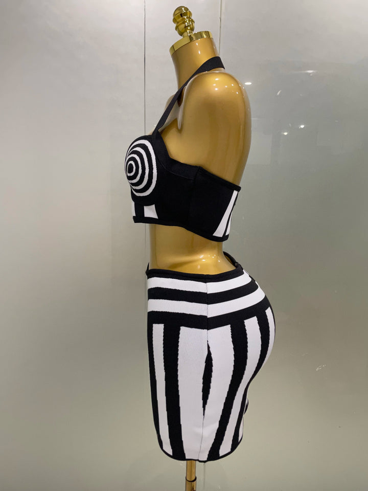 Black White Striped Jacquard Two Piece Party