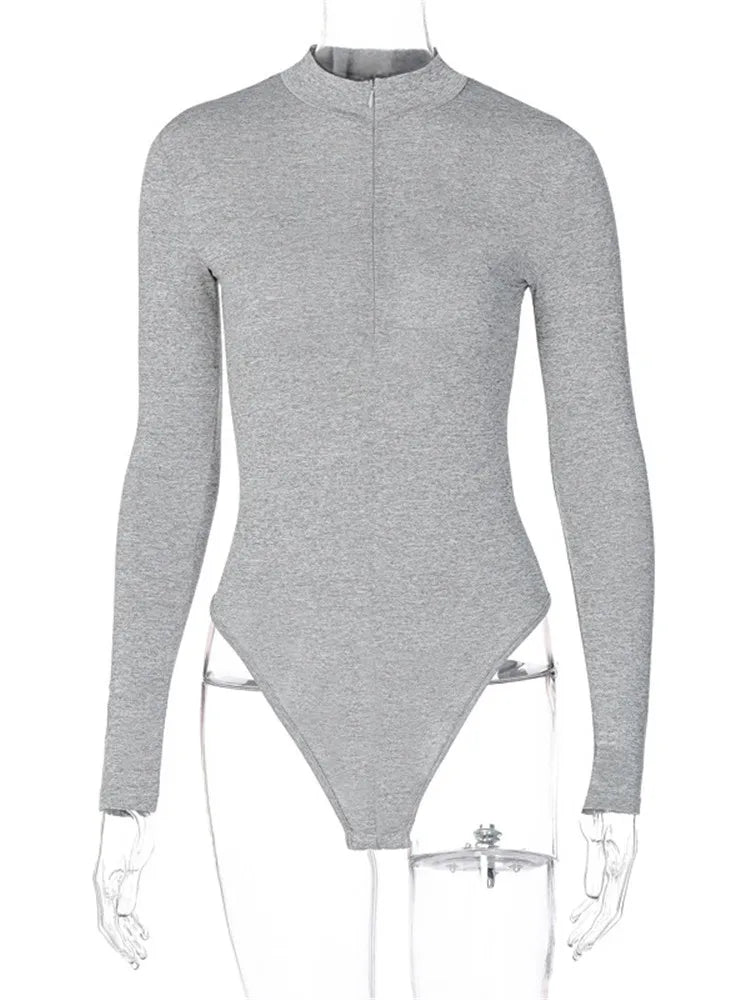 Solid Zipper Bodycon Bodysuit For Women Mock Neck
