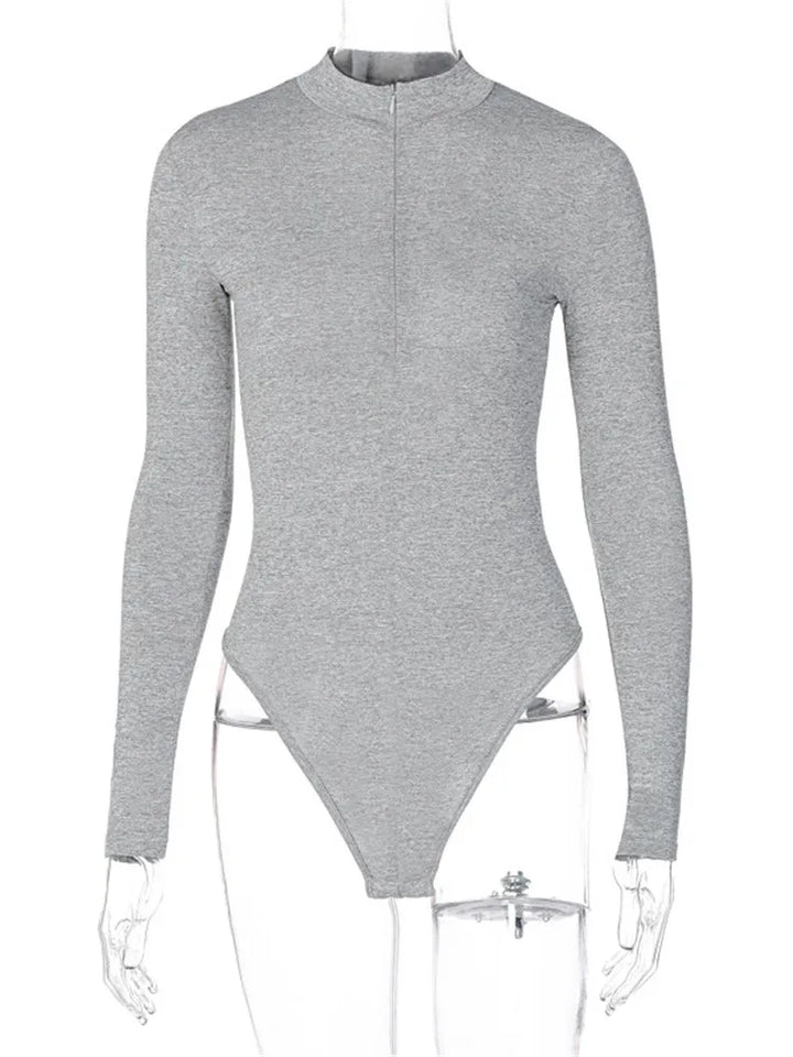 Solid Zipper Bodycon Bodysuit For Women Mock Neck