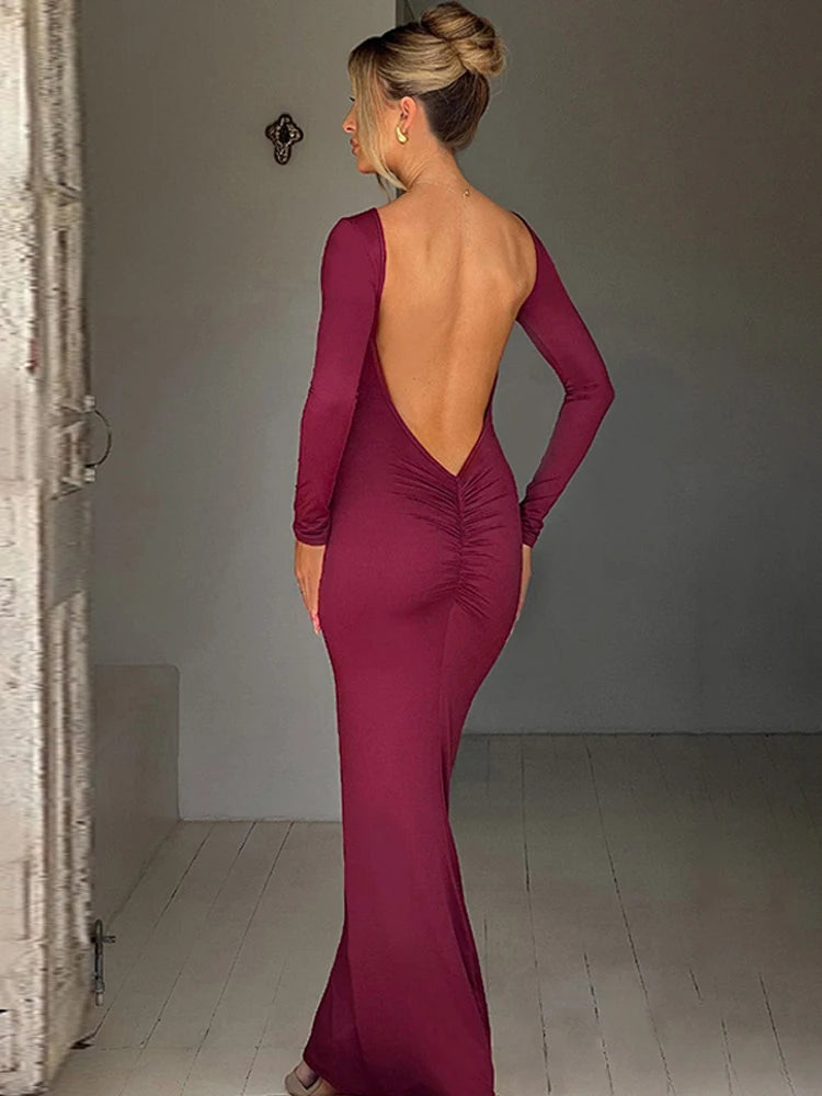 Hugcitar Backless Long Sleeve Bodycon Maxi Dress