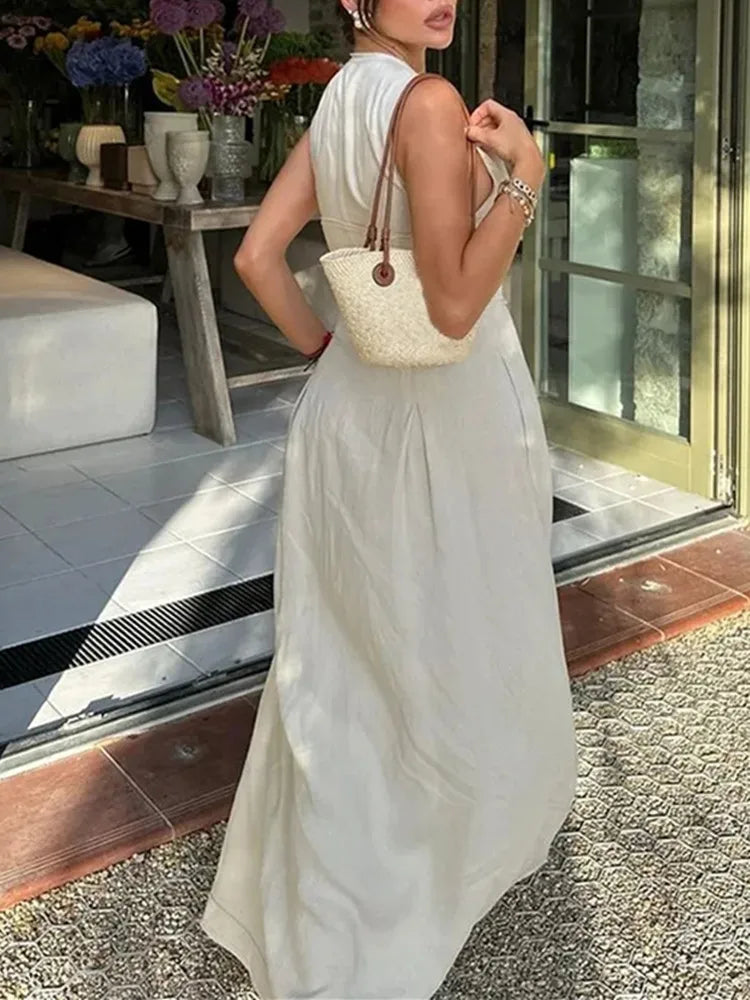 Mujer Zipper Long Pleated Sleeveless Midi Dress