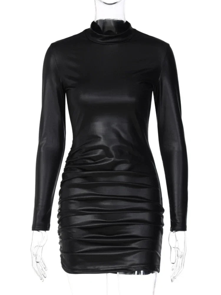 Sexy Imitation Leather Bodycon Dress Long Sleeves