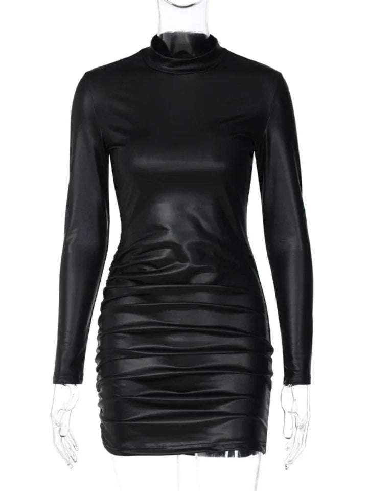 Sexy Imitation Leather Bodycon Dress Long Sleeves