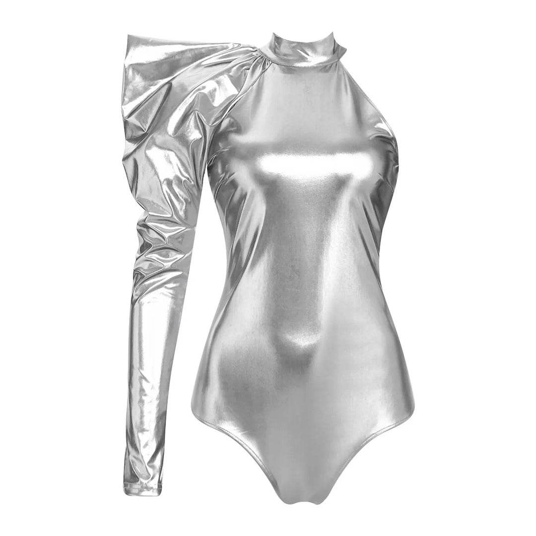 Stunning Womens Metallic Bodysuit With Dramatic Puff Sleeves For Party