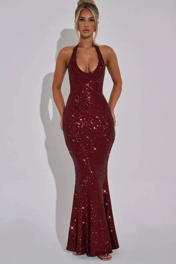 Sleeveless Sequined Mesh Maxi Dress Bodycon