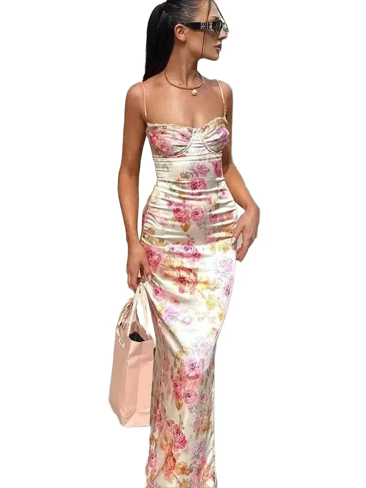 Suninheart Summer Spaghetti Strap Floral Print Party Dresses Elegant Maxi Bodycon Wedding Guest Holiday Dress New In Dress 2023