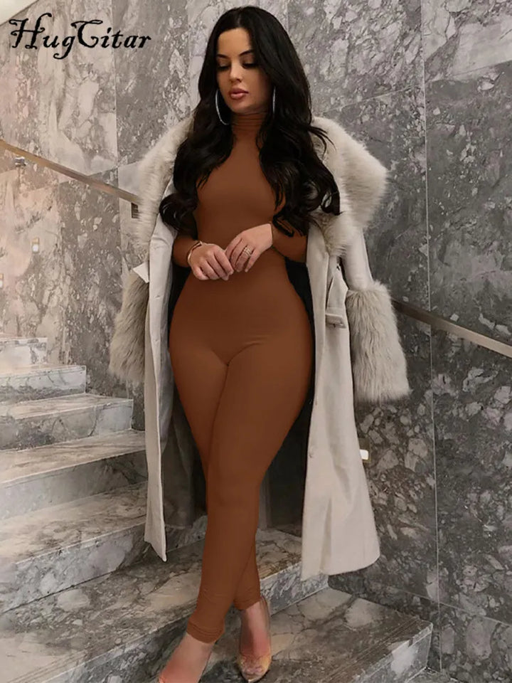 Hugcitar Long Sleeve Turtleneck Bodycon Jumpsuit