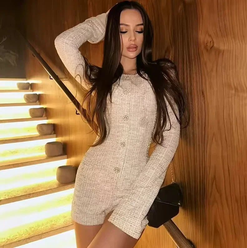 Beige Tweed Romper With Button Detail Jumpsuit