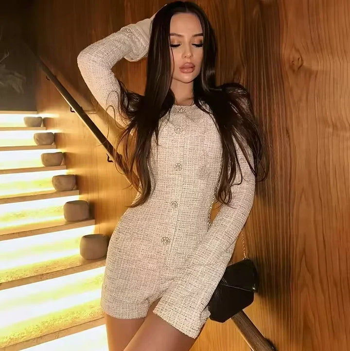 Beige Tweed Romper With Button Detail Jumpsuit