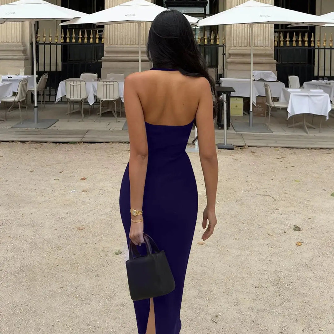 Hugcitar 2025 Elegant Halter Black Backless Sexy Bodycon Maxi Prom Dress Summer Women Y2K Clothes Wedding Birthday Party