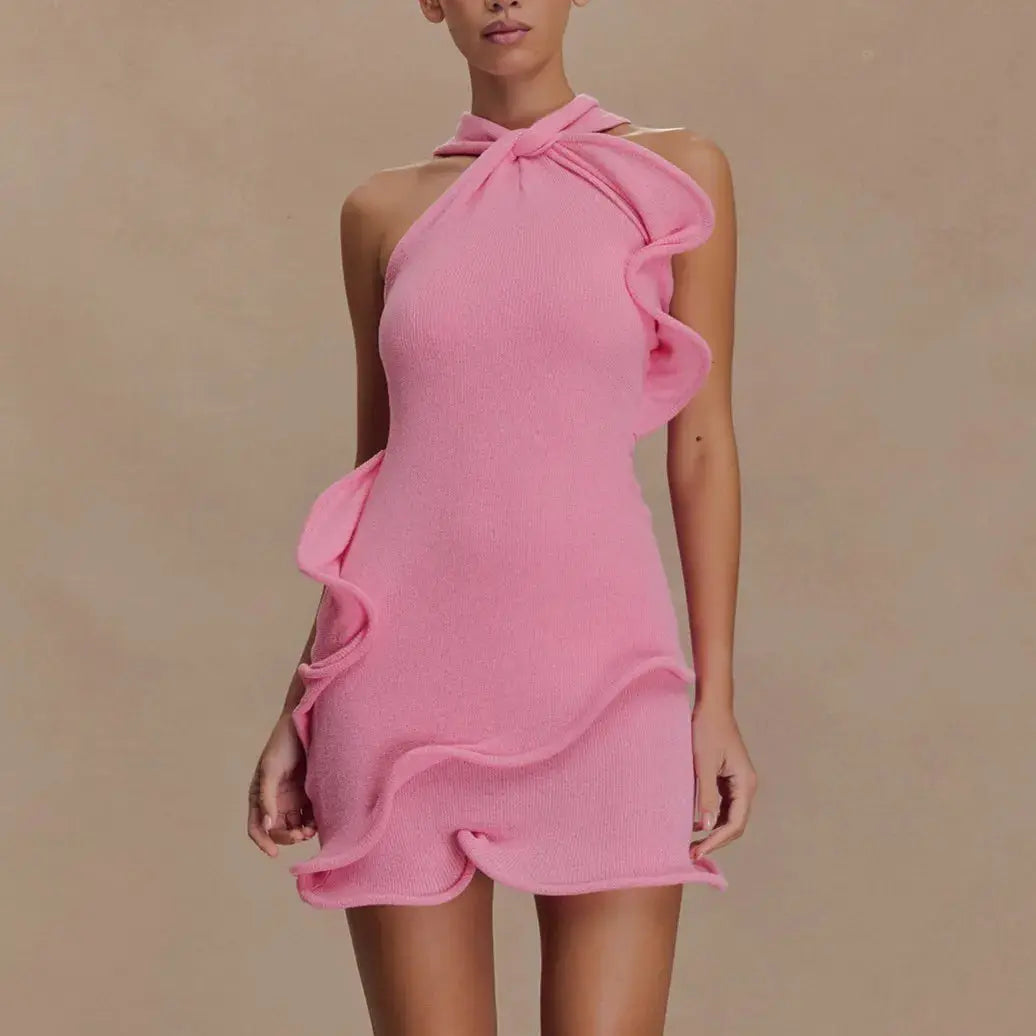 hirigin Women Knitted Halter Mini Dress Sleeveless Crochet Ruffle Edge Bodycon Short Dresses Y2k Sexy Beach Coverup Sundres