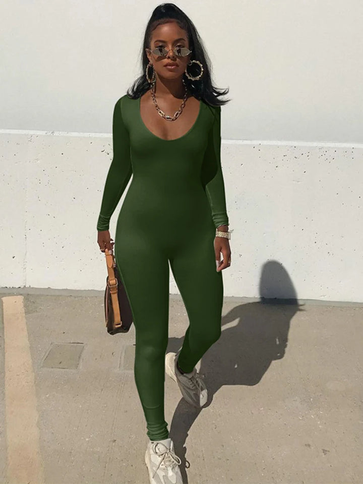 Hugcitar 2025 Square Collar Bodycon Jumpsuit Women