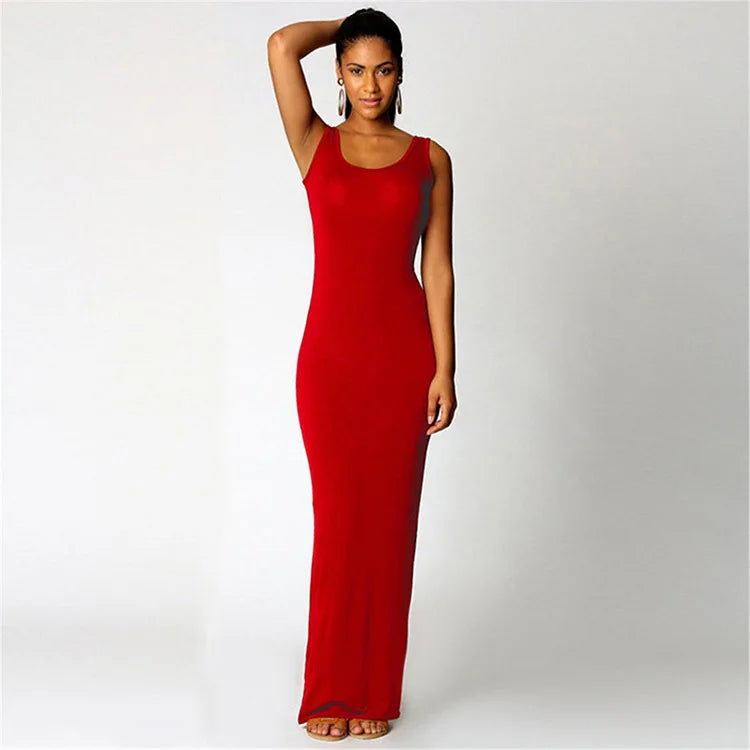 Women Sleeveless Maxi Bodycon Dress Solid Color