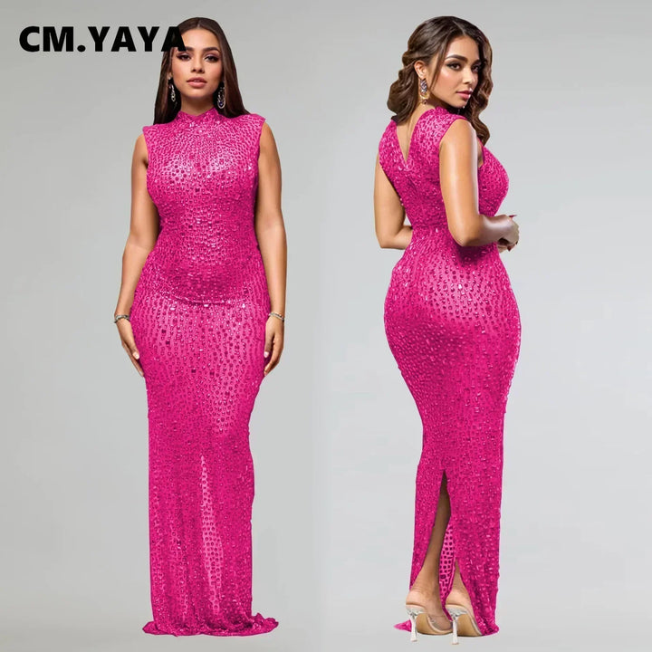 Diamonds Rhinestones O Neck Sleeveless Maxi Dress
