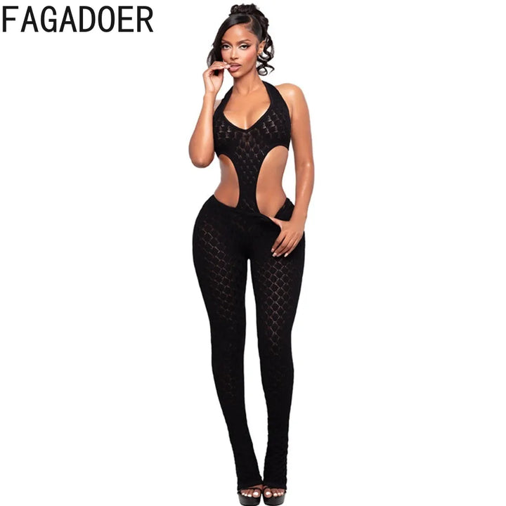 Fagadoer Lace Patchwork Bodycon Backless Jumpsuit