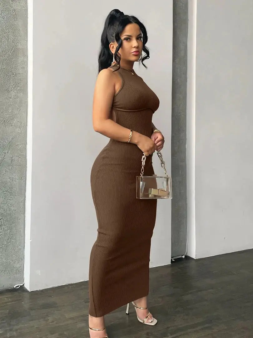 Hugcitar Ribbed Solid Hollow Out Backless Sleeveless Sexy Slit Mini Dress Bodycon 2025 Spring Women Outfits Elegant Party Y2K