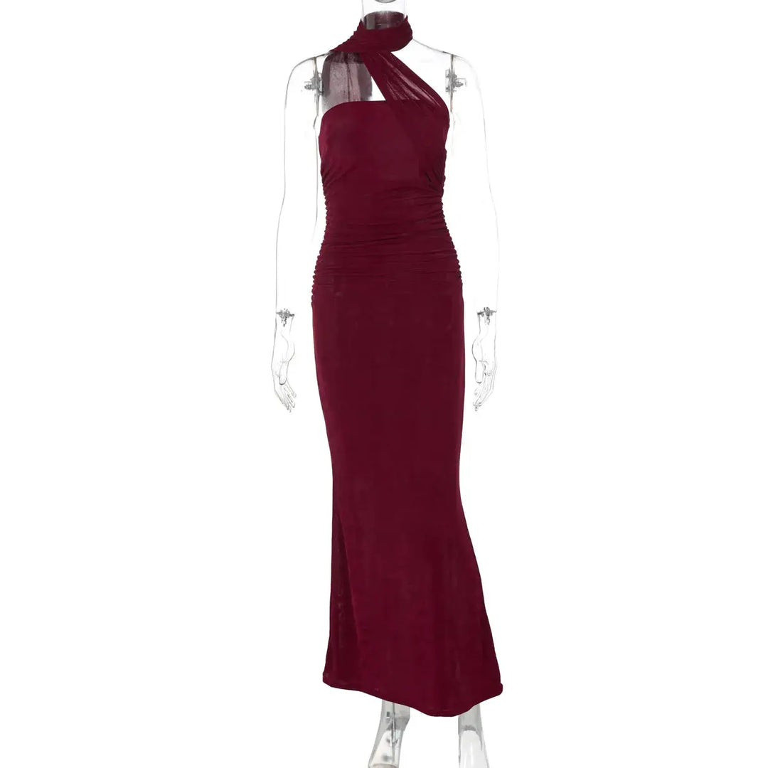 Hugcitar Halter Solid Sleeveless Backless Ruched Sexy Bodycon Maxi Prom Dress Summer Women Elegant Outfit Evening Party Birthday
