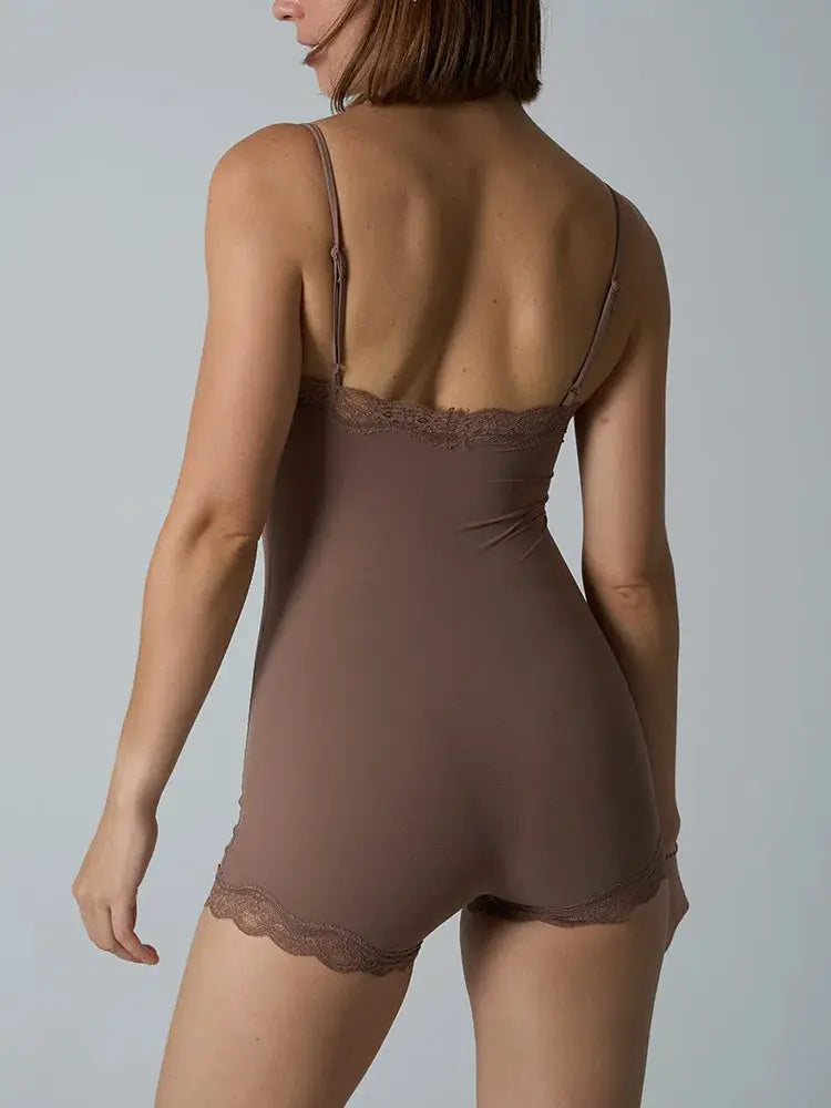 Hot Women Sexy Lace Patchwork Bodysuit Sports FitnessSkinny Shaperwear Camisole Square Neck Spaghetti Strap Slimming Bodycon