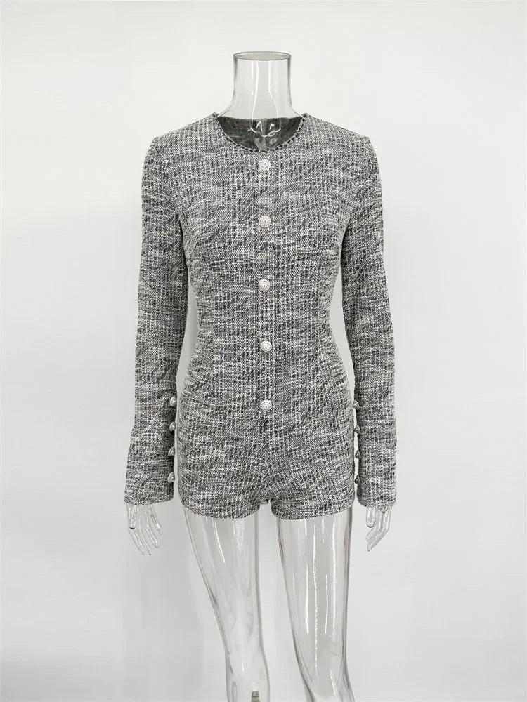 Beige Tweed Romper With Button Detail Jumpsuit