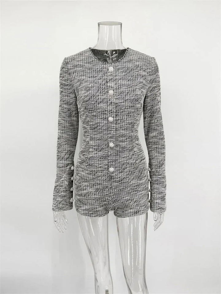Beige Tweed Romper With Button Detail Jumpsuit