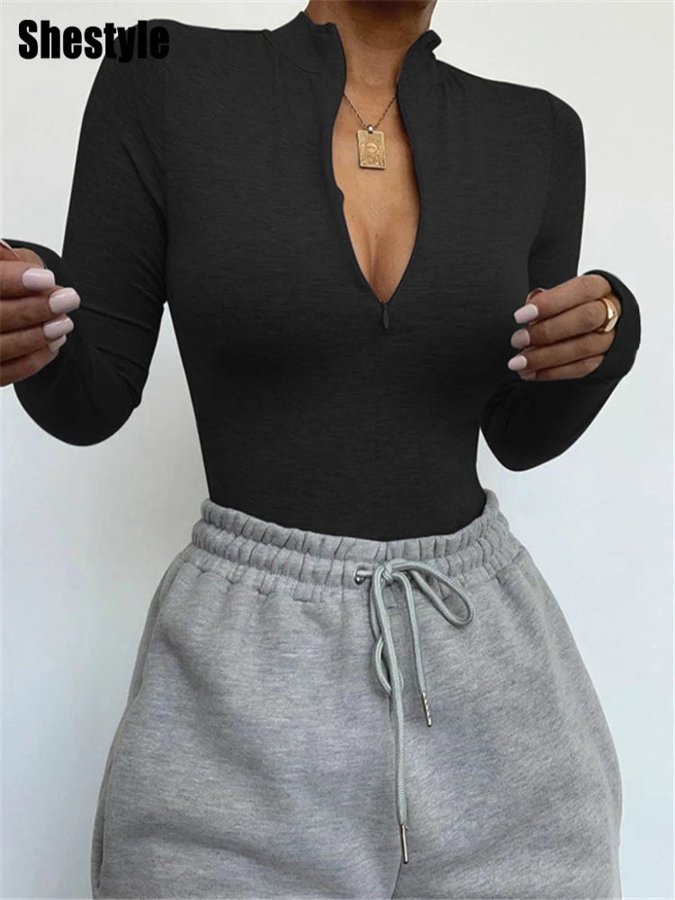 Solid Zipper Bodycon Bodysuit For Women Mock Neck
