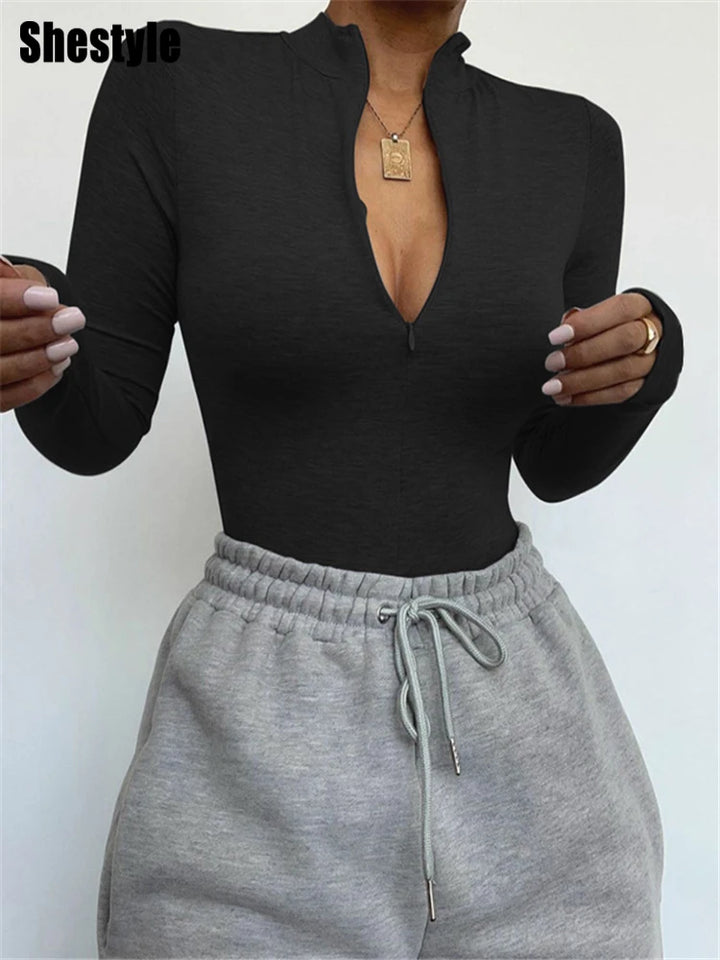 Solid Zipper Bodycon Bodysuit For Women Mock Neck
