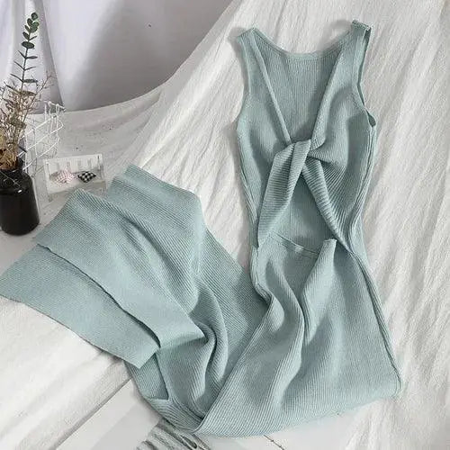 Korean Knitted V Neck Bodycon Dress Chic Hollow Out Style