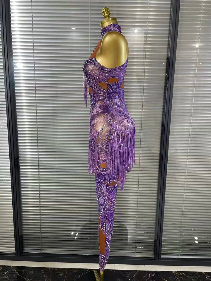 Shining Rhinestones Purple Sexy Tassels Mesh See Through Bodycon Jumpsuit Celebrate Nightclub Party Birthday Photoshoot Wear
