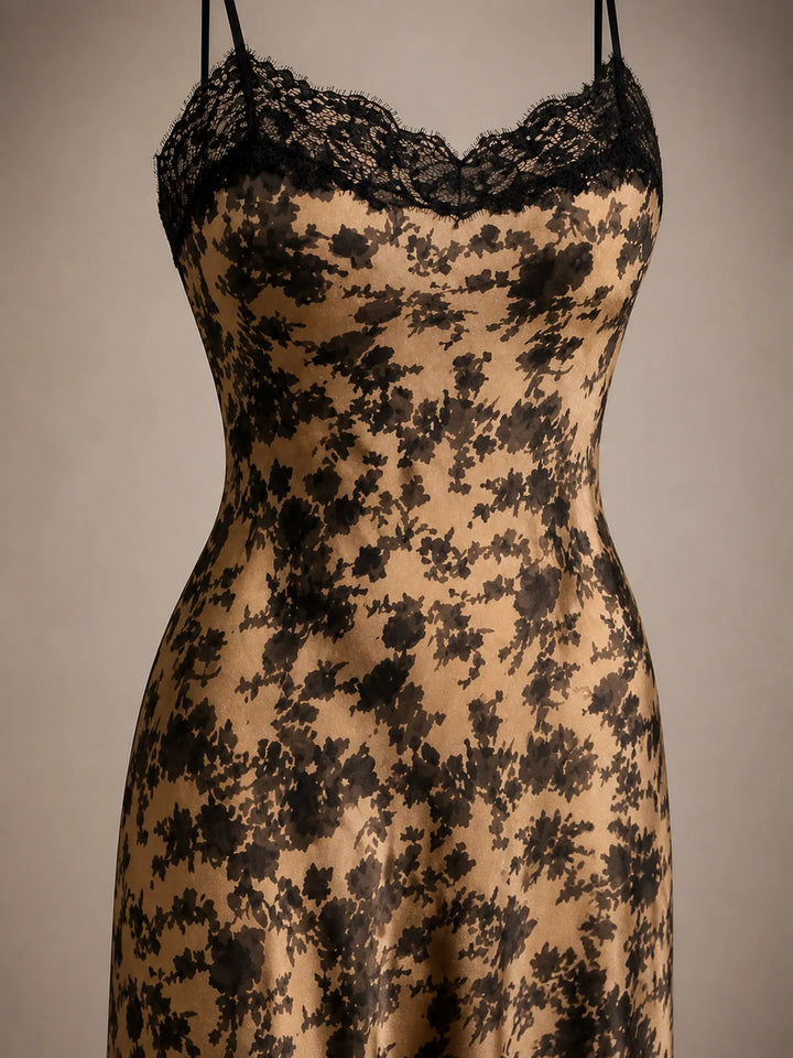 Elegant Floral Satin Maxi Dress Lace Trim Evening Party Guest