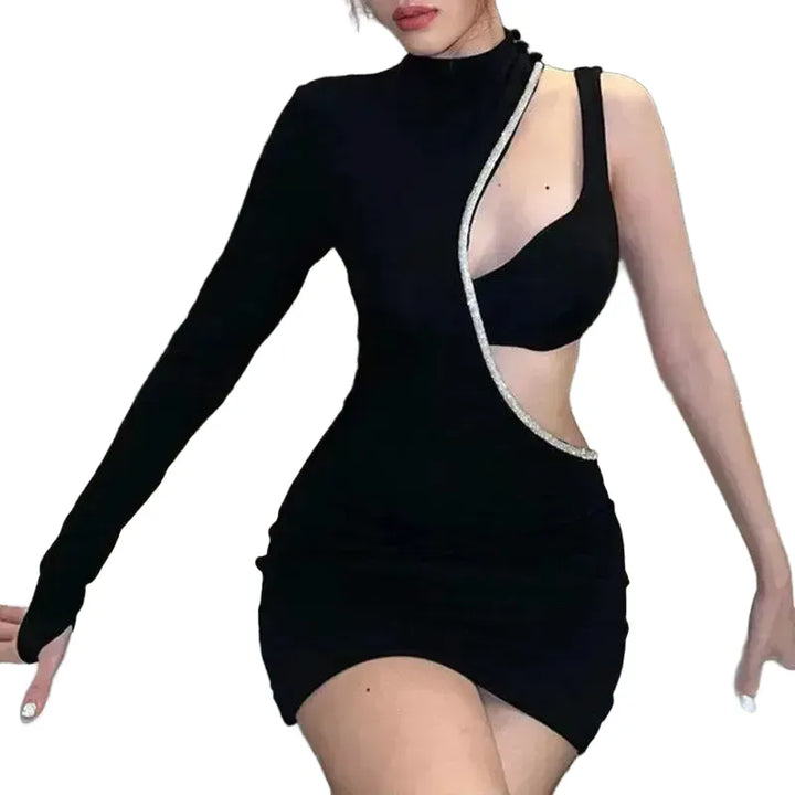 Autumn Elegance One Shoulder Bodycon Dress Chic Black