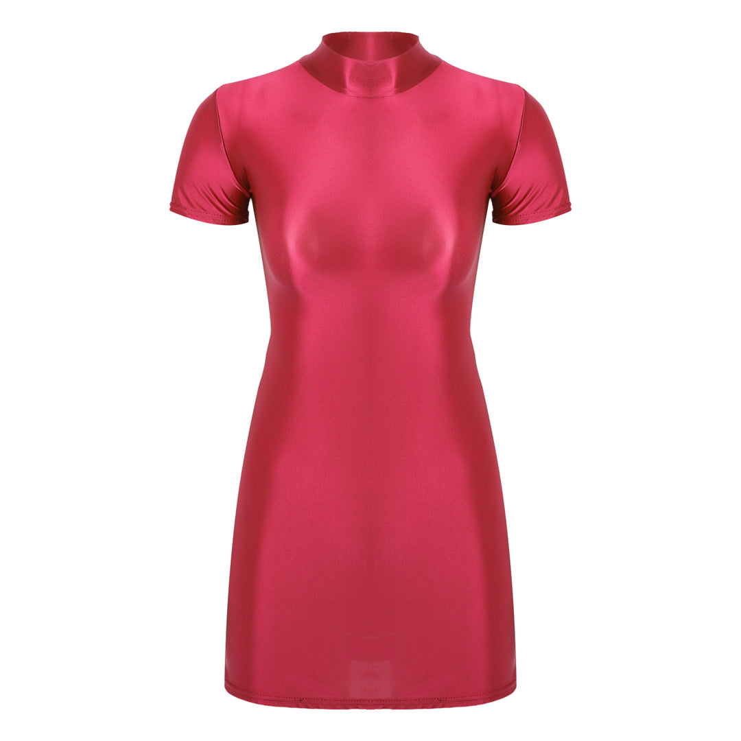 Signature Glossy Mock Neck Mini Dress For Tropical