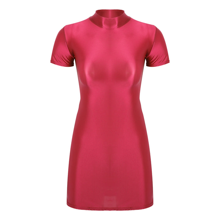 Signature Glossy Mock Neck Mini Dress For Tropical