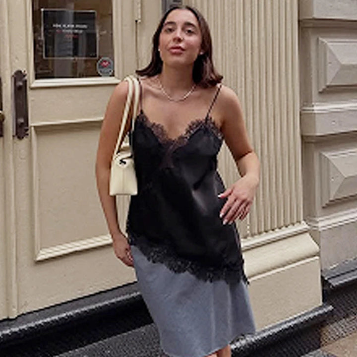 HXAO Exclusive Black Satin Lace Asymmetrical Off
