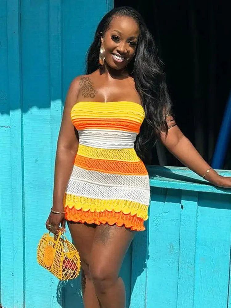 Elegant Striped Ruffles Chic Summer Clubwear Dress