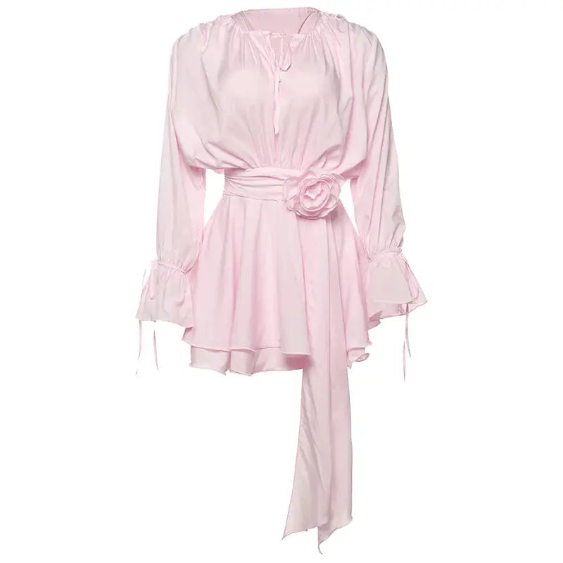 Nibber Elegant 3D Flower Decoration Dress Women Y2K Sweet Style Flare Sleeve Ruched Ribbon Vacation Fashion Summer Mini Bodycon