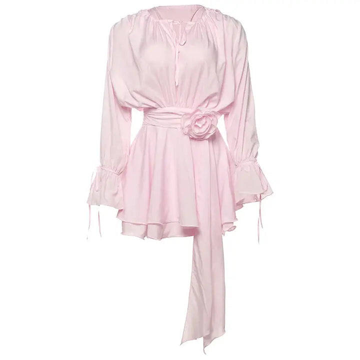 Nibber Elegant 3D Flower Decoration Dress Women Y2K Sweet Style Flare Sleeve Ruched Ribbon Vacation Fashion Summer Mini Bodycon