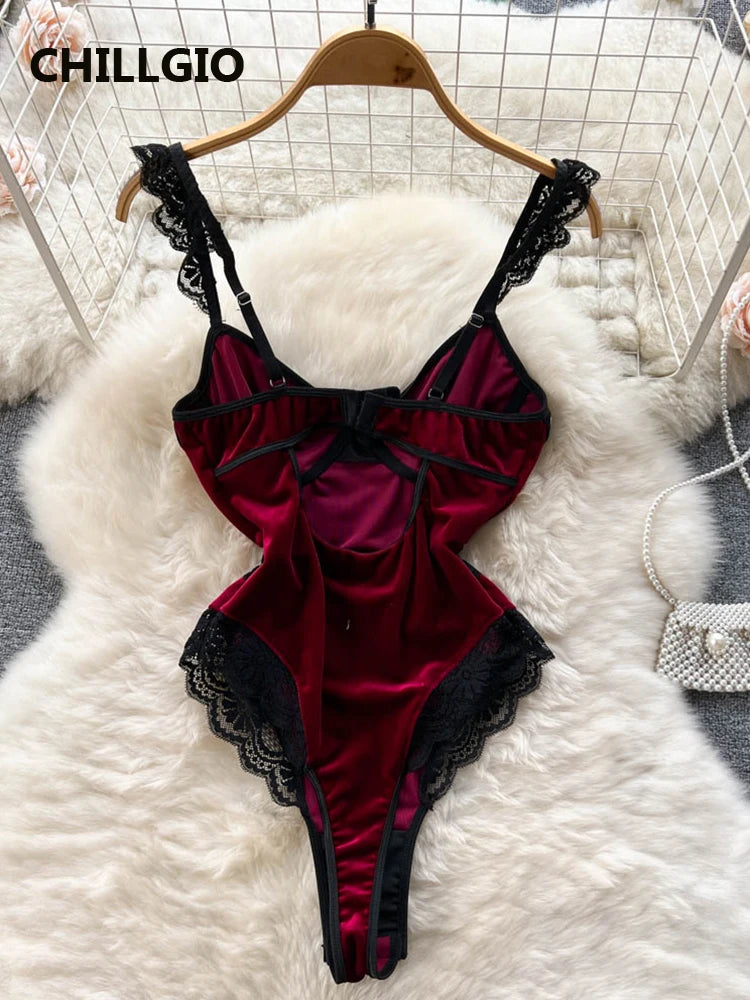 ChillGio Velour Bodysuit Women Lace Patchwork
