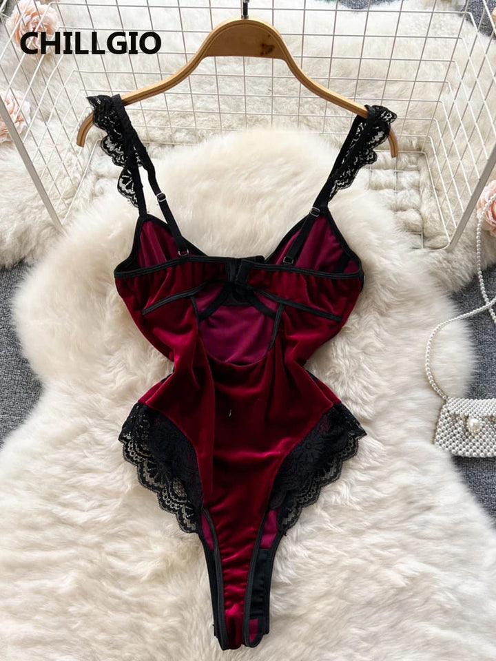 ChillGio Velour Bodysuit Women Lace Patchwork