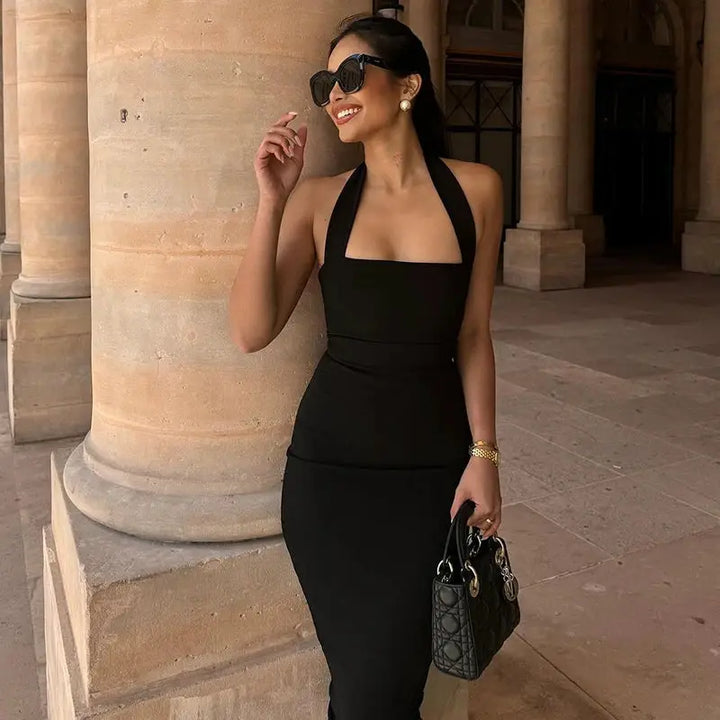 Hugcitar 2025 Elegant Halter Black Backless Sexy Bodycon Maxi Prom Dress Summer Women Y2K Clothes Wedding Birthday Party