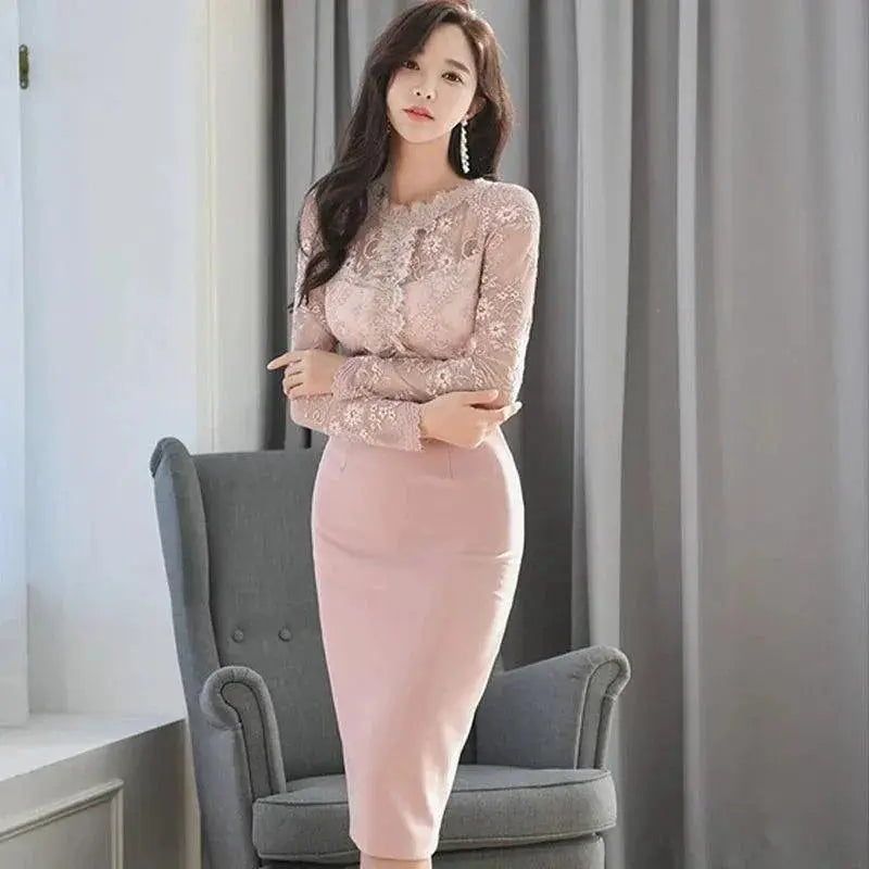 Korean Retro Lace Sheath Dress For Office Casual Wear